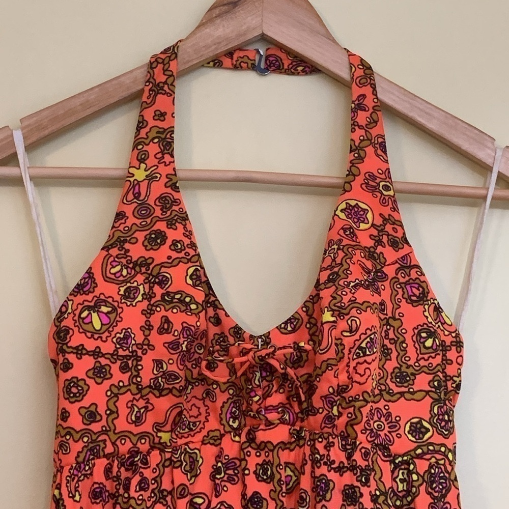 Sirena California 70's Neon Orange Floral Halter 2 Side Slits Maxi Dress S/M - Picture 5 of 17